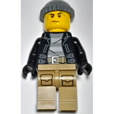 police - city bandit crook black leather jacket dark bluish gray knit cap dark tan legs sweat drops