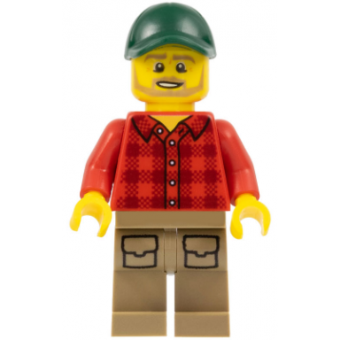 forklift driver - male red plaid flannel shirt dark tan legs with pockets dark green cap