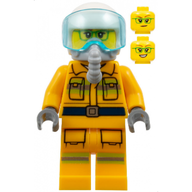 fire - reflective stripes bright light orange suit white helmet breathing apparatus green glasses