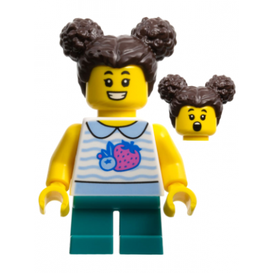 child - girl white collared shirt with fruit dark turquoise short legs dark brown hair with buns
