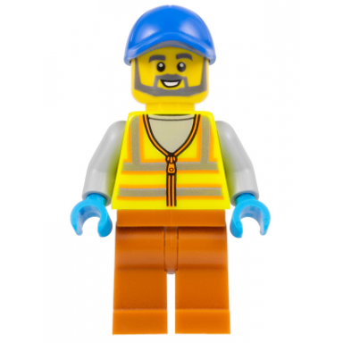 recycling worker - male neon yellow safety vest dark orange legs blue cap