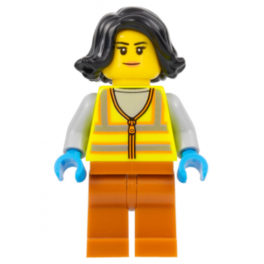recycling worker - female neon yellow safety vest dark orange legs black hair