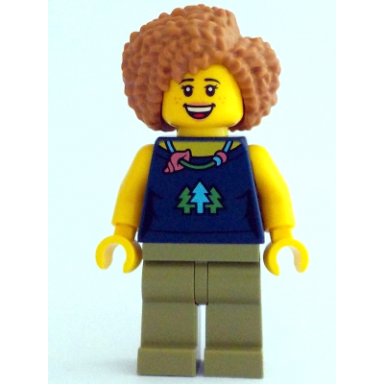 female dark blue top with trees and necklace olive green legs medium nougat hair