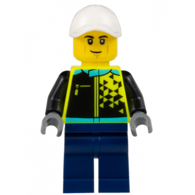 sports car driver - male white cap neon yellow jacket dark blue legs