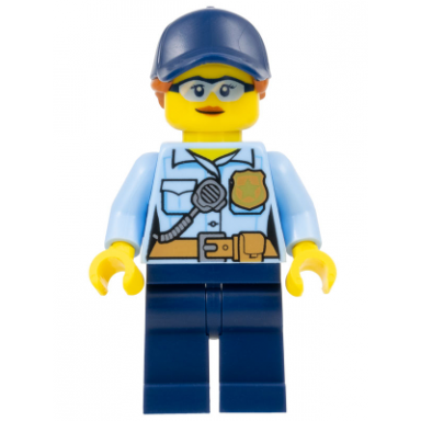 police - city officer female bright light blue shirt with badge and radio dark blue legs dark blue cap with dark orange ponytail safety glasses