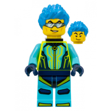 stuntz driver - male medium azure and neon yellow jumpsuit dark azure spiked hair black neck bracket