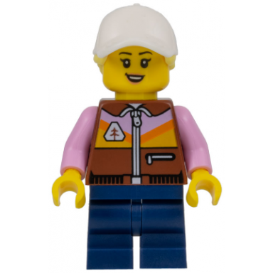 dirt bike rider - female reddish brown jacket dark blue medium legs white cap with bright light yellow ponytail hair