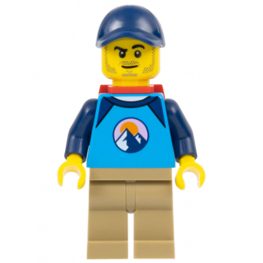 go-to gary - dirt bike rider male dark azure and dark blue shirt with mountains dark tan legs dark blue cap red backpack