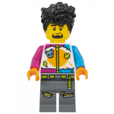 stuntz driver - male white jumpsuit with magenta and dark azure arms dark bluish gray legs black tall coiled hair goatee