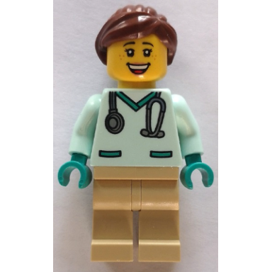 veterinarian - female light aqua scrubs tan legs reddish brown hair