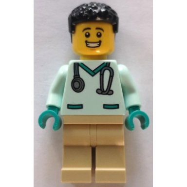 veterinarian - male light aqua scrubs tan legs black hair