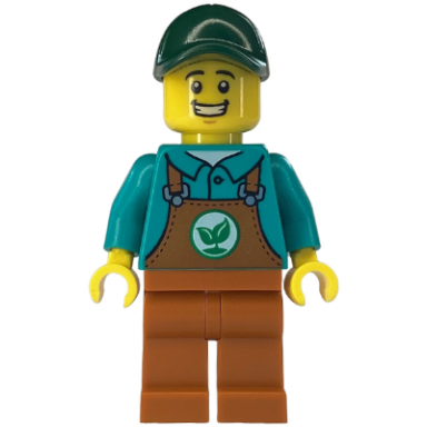 gardener - male dark orange overalls over dark turquoise shirt dark orange legs dark green cap