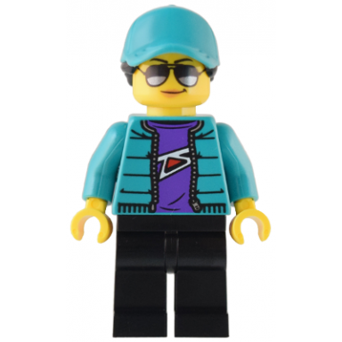custom car garage driver - female dark turquoise jacket black legs dark turquoise ball cap with black ponytail sunglasses