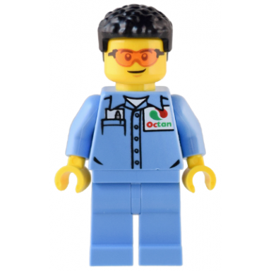 custom car garage mechanic - male medium blue shirt with octan logo medium blue legs short black hair safety glasses