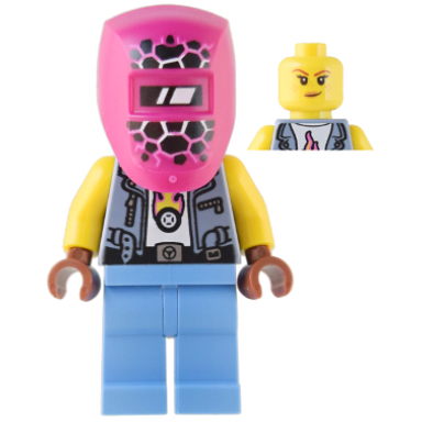 mechanic - female sand blue vest medium blue legs black helmet magenta welding visor