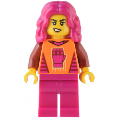 gaming tournament participant - female orange t-shirt with fist magenta legs magenta hair
