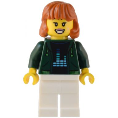 gaming tournament spectator - female dark green hoodie white legs dark orange hair