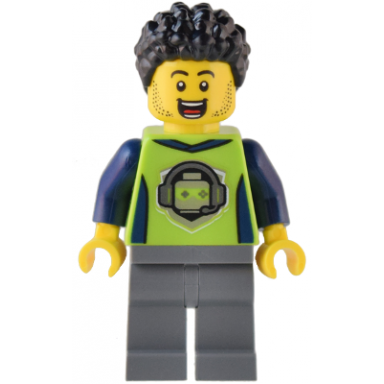 gaming tournament announcer - male lime t-shirt with gaming logo dark bluish gray legs black hair