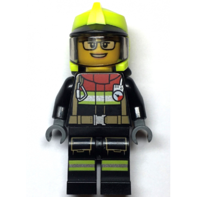 fire - female black jacket and legs with reflective stripes and red collar neon yellow fire helmet trans-brown visor black glasses