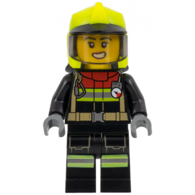 fire - female black jacket and legs with reflective stripes and red collar neon yellow fire helmet trans-brown visor scared open mouth with teeth