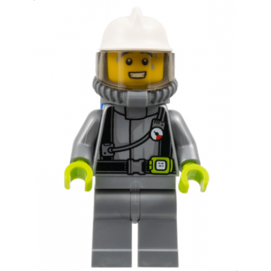 fire - male flat silver suit white fire helmet trans-brown visor breathing neck gear with blue air tanks