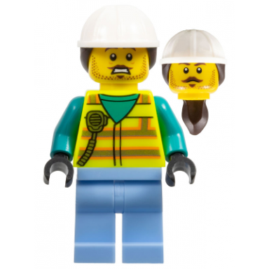 utility worker - male neon yellow safety vest with radio bright light blue legs white construction helmet with dark brown ponytail hair moustache stubble