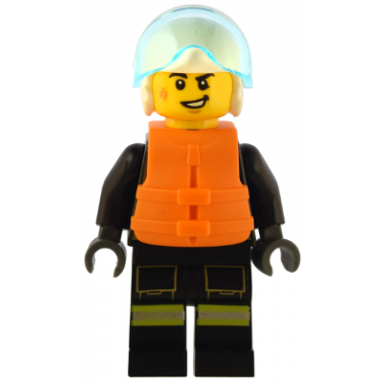 fire - male black jacket and legs with reflective stripes and red collar white helmet trans-light blue visor orange life jacket