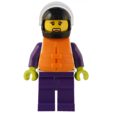 speedboat raft driver - female white jacket with dolphin dark purple legs black helmet trans-clear visor orange life jacket