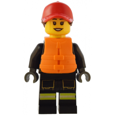 fire - female reflective stripes with utility belt and flashlight red cap with reddish brown ponytail orange life jacket