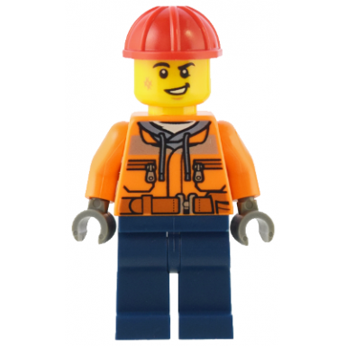 construction worker - male orange safety jacket reflective stripe sand blue hoodie dark blue legs red construction helmet