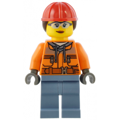construction worker - female orange safety jacket reflective stripe sand blue hoodie sand blue legs red construction helmet with dark brown ponytail hair