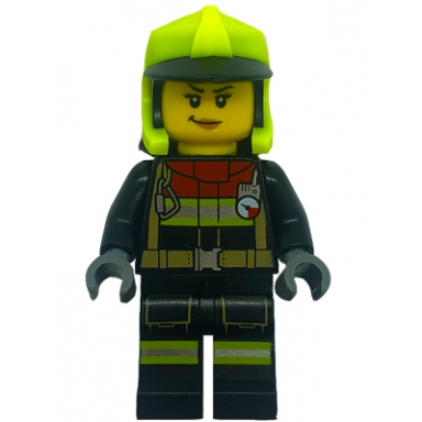 fire - female black jacket and legs with reflective stripes and red collar neon yellow fire helmet right raised eyebrow medium nougat lips smirk