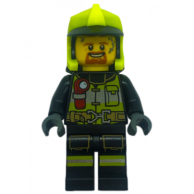 fire - reflective stripes with utility belt and flashlight neon yellow fire helmet dark orange moustache and goatee splotches