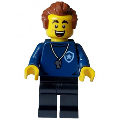 police - city trainer academy male dark blue shirt silver whistle black legs reddish brown hair open mouth