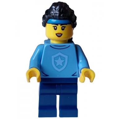 police - city officer in training female medium blue shirt with badge dark blue legs black hair headband