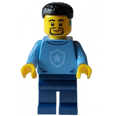 police - city officer in training male medium blue shirt with badge dark blue legs black short hair beard hearing aid