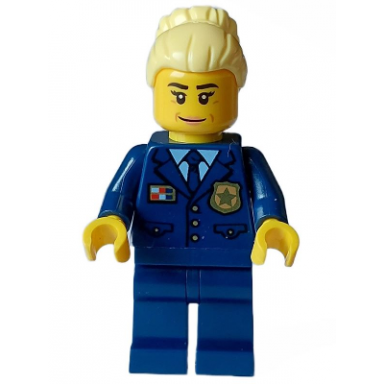 police - city chief female dark blue jacket and legs bright light yellow hair smile