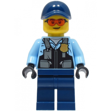 police - city officer male safety vest with police badge dark blue legs dark blue cap safety glasses