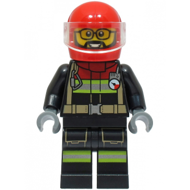 fire - male black jacket and legs with reflective stripes and red collar red helmet trans-clear visor