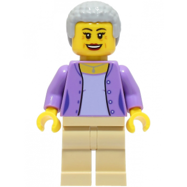 woman - medium lavender jacket over lavender shirt tan legs light bluish gray hair