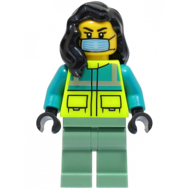 ambulance driver - female dark turquoise and neon yellow safety vest sand green legs black hair surgical mask