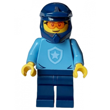 police - city officer medium blue shirt with badge dark blue legs dark blue dirt bike helmet safety glasses