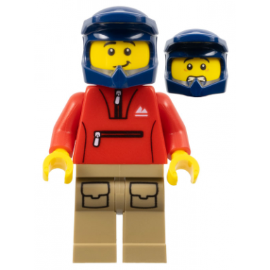 mountain bike cyclist - male red tracksuit dark tan legs with pockets dark blue dirt bike helmet lopsided smile