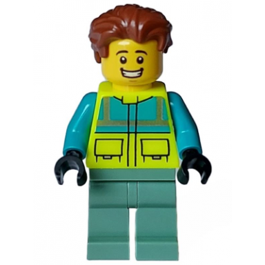 paramedic - male dark turquoise and neon yellow safety vest sand green legs reddish brown hair open mouth smile