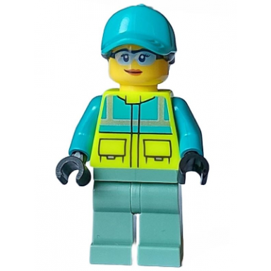 paramedic - female dark turquoise and neon yellow safety vest sand green legs dark turquoise cap with black ponytail hair safety glasses