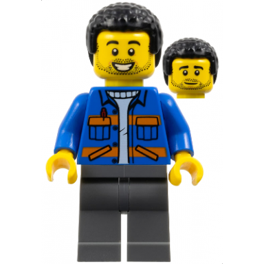 lawn mower operator - male blue jacket with diagonal lower pockets and orange stripes dark bluish gray legs black coiled hair stubble