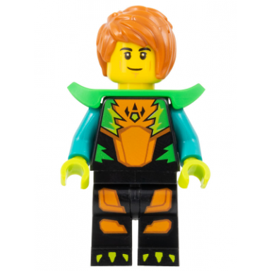 stuntz driver - male black jumpsuit with orange trim and dark turquoise arms bright green shoulder pads dark orange hair