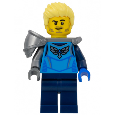 stuntz driver - male dark azure racing shirt with silver wings logo dark blue legs flat silver shoulder armor bright light yellow spiked hair swept up stubble