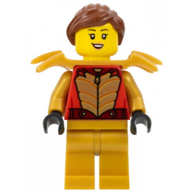 stuntz driver - female red racing jacket with gold scales pearl gold legs pearl gold shoulder armor reddish brown ponytail