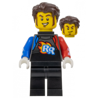 rocket racer - stuntz driver black jumpsuit with blue and red arms dark brown hair